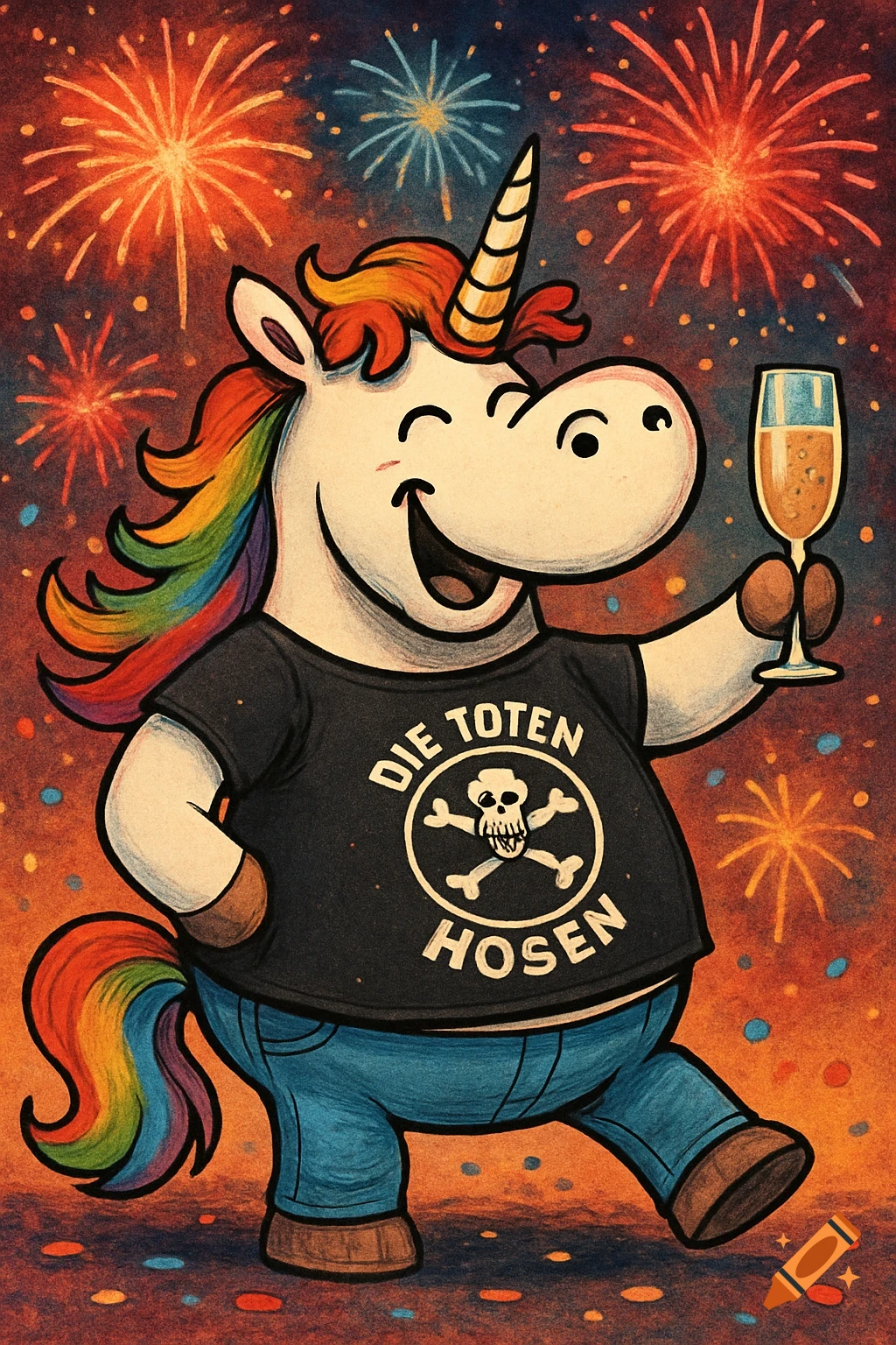 A cartoon unicorn with a rainbow mane wears a "Die Toten Hosen" t-shirt, holds a champagne glass, and celebrates against a fireworks backdrop.