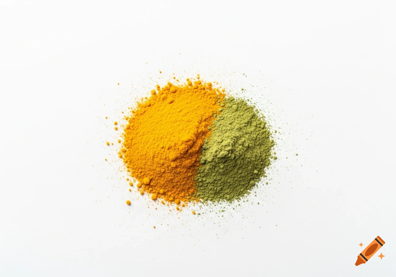 Piles of yellow turmeric and green tea powder partially mixed on a white background.