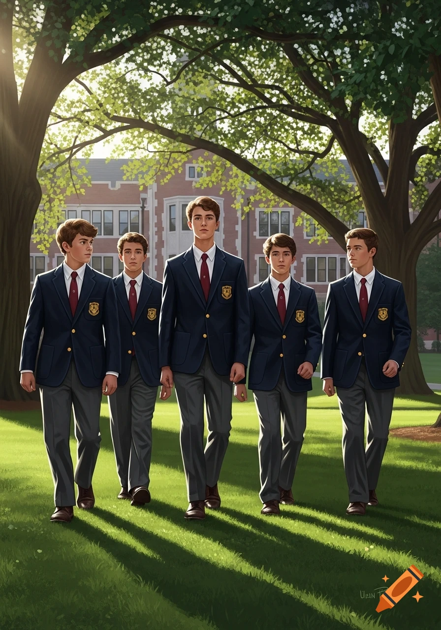 Five teenage boys in school uniforms walk on a sun-dappled grassy lawn with a brick school building and large trees in the background.