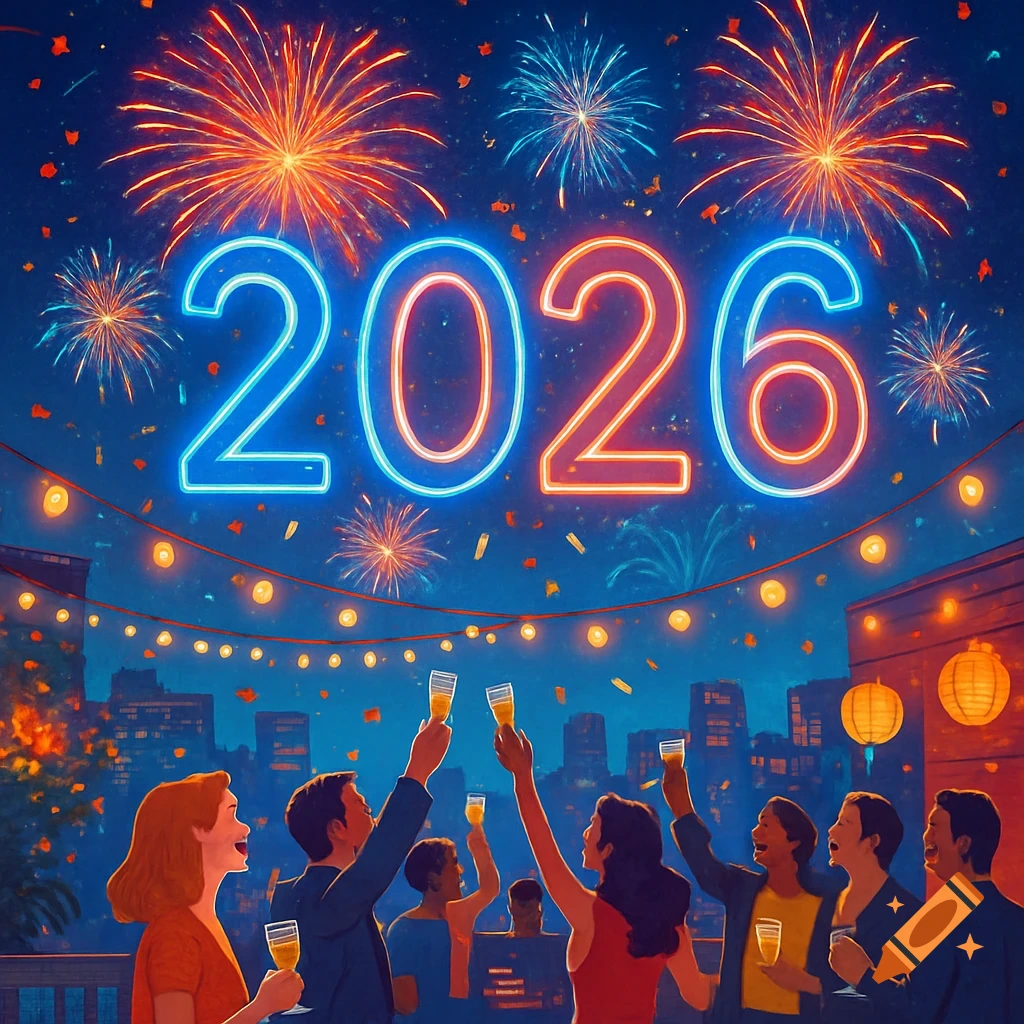 Neon '2026' shines over a rooftop New Year's Eve celebration with people toasting champagne under fireworks and city lights.