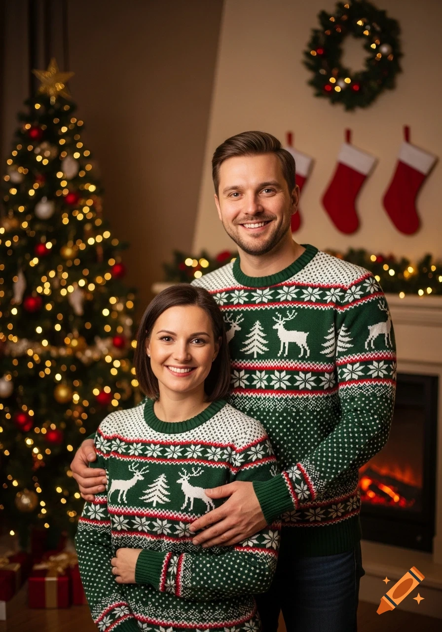 A smiling couple in matching green Christmas sweaters, featuring reindeer and snowflakes, pose in a festive living room with a lit Christmas tree and fireplace.