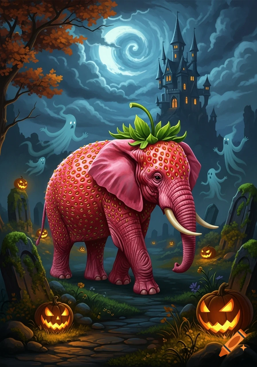 A vibrant illustration of a pink strawberry elephant in a spooky Halloween landscape with jack-o'-lanterns, ghosts, a castle, and a swirling moon.