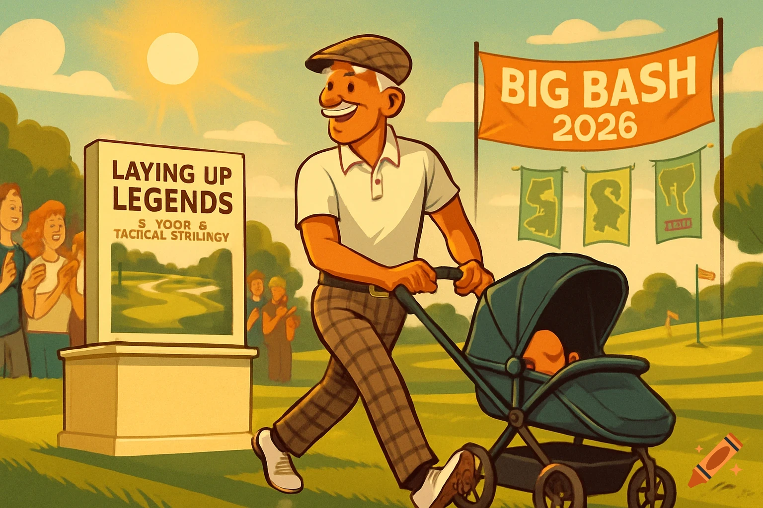 A cartoon man in a golf cap and plaid pants pushes a baby pram on a golf course. Signs for "Big Bash 2026" and "Laying Up Legends" are visible.