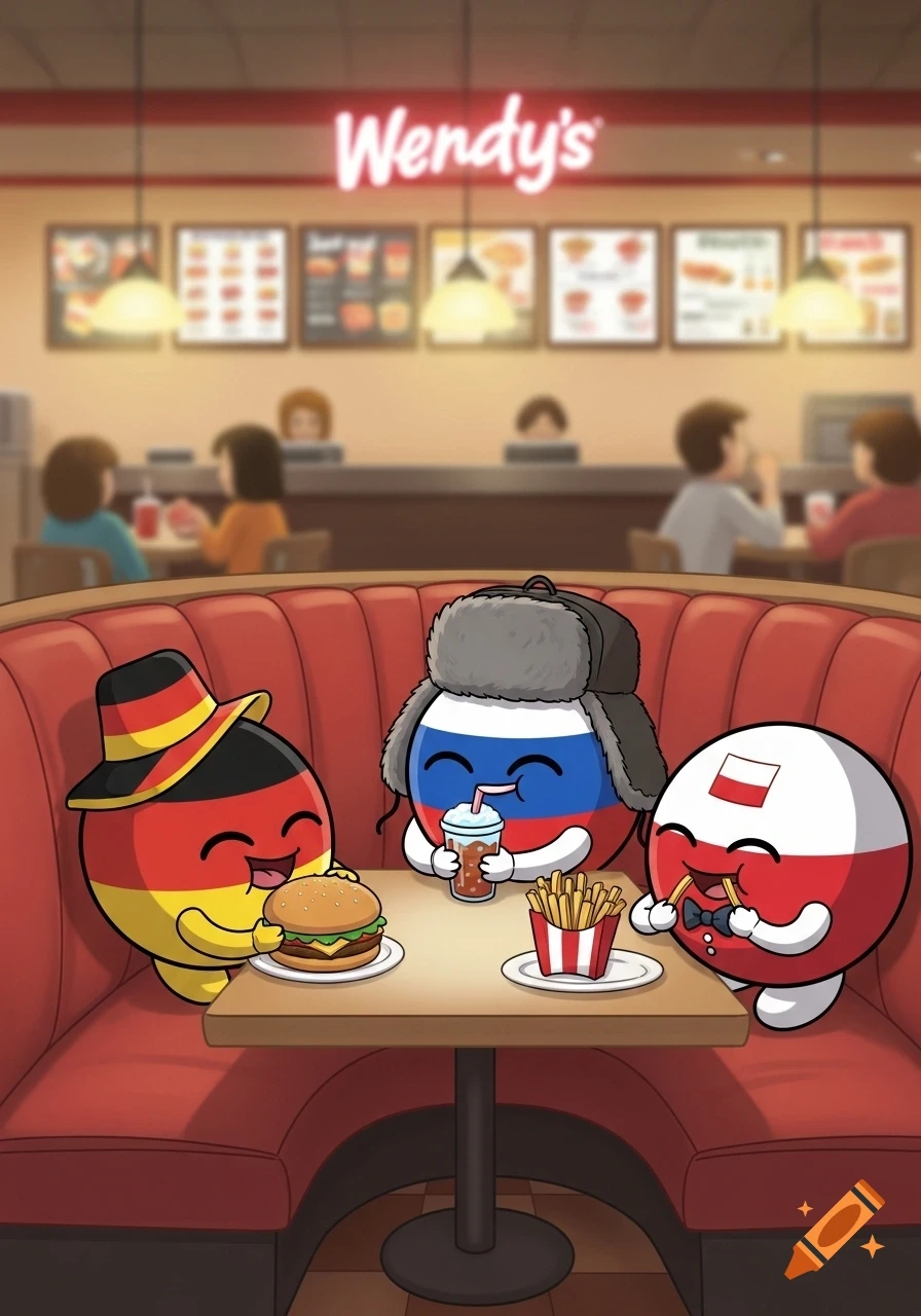 Cartoon countryballs of Germany, Russia, and Poland happily eating fast food at a Wendy's restaurant booth.