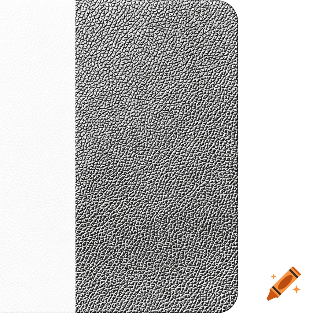 Close-up of a black and white pebbled leather texture on a rounded rectangular shape, next to a vertical white stripe.