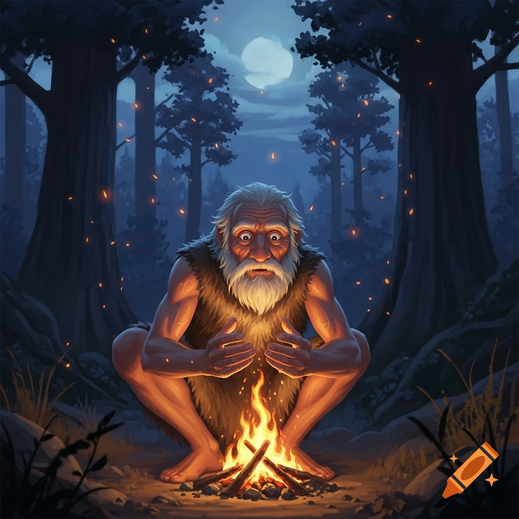 Illustrated image of an old, white-bearded man in a fur tunic squatting by a campfire in a dark forest with a full moon.