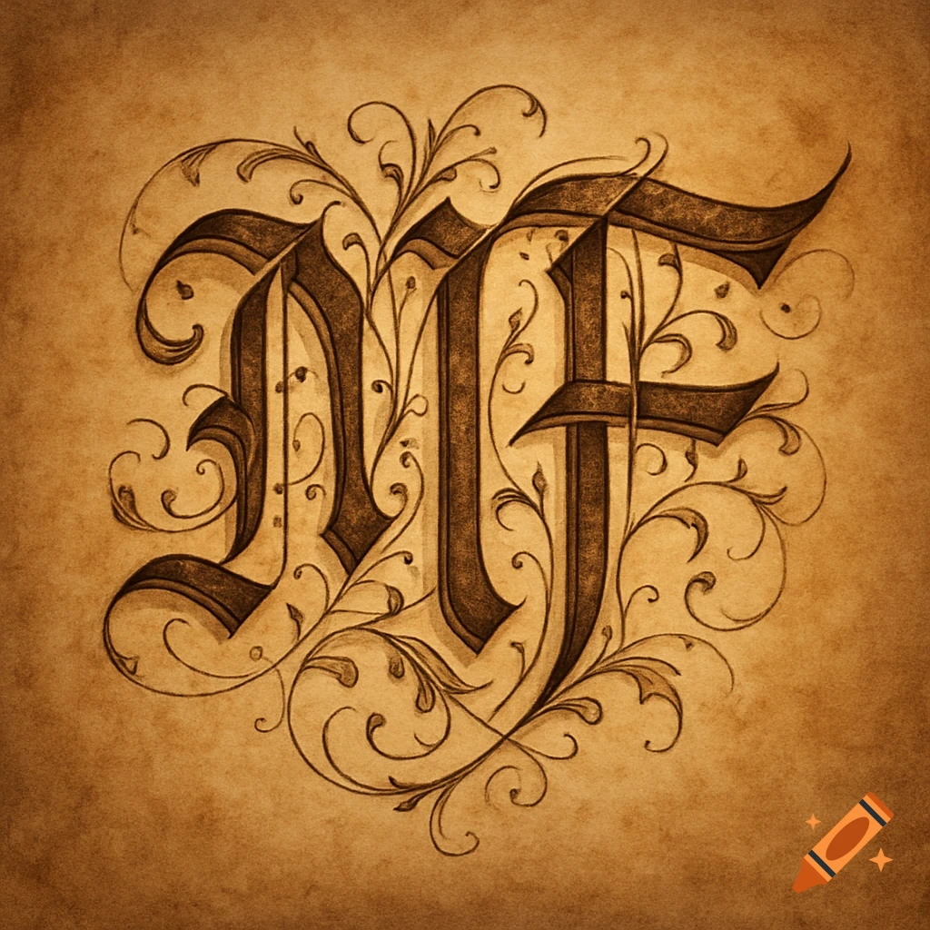 Ornate, dark brown calligraphy of the intertwined initials 'MF' on a textured, light brown parchment background.