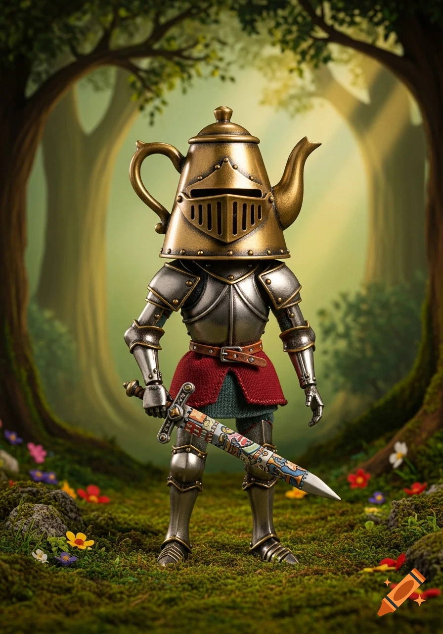 A stop-motion doll knight with a brass teapot helmet, holding a patterned sword, stands in a whimsical forest clearing.