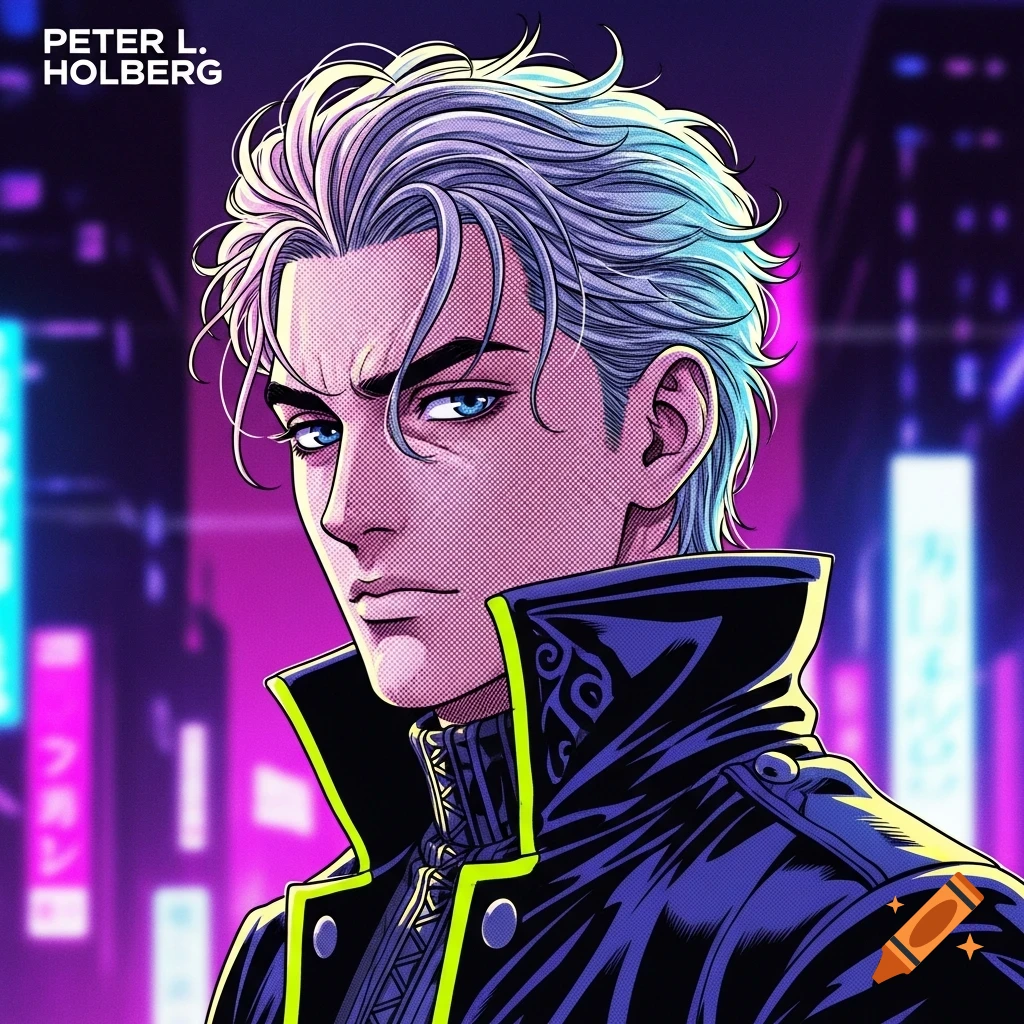 A manga-style portrait of Peter L. Holberg, a man with light blue hair and blue eyes, wearing a black jacket, against a neon city background.