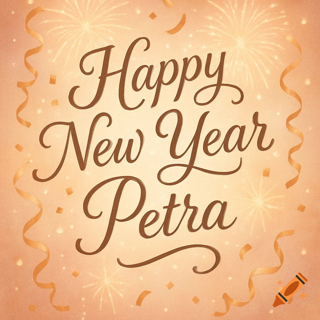 Happy New Year Petra message in script font on a warm, glowing background with fireworks and confetti.
