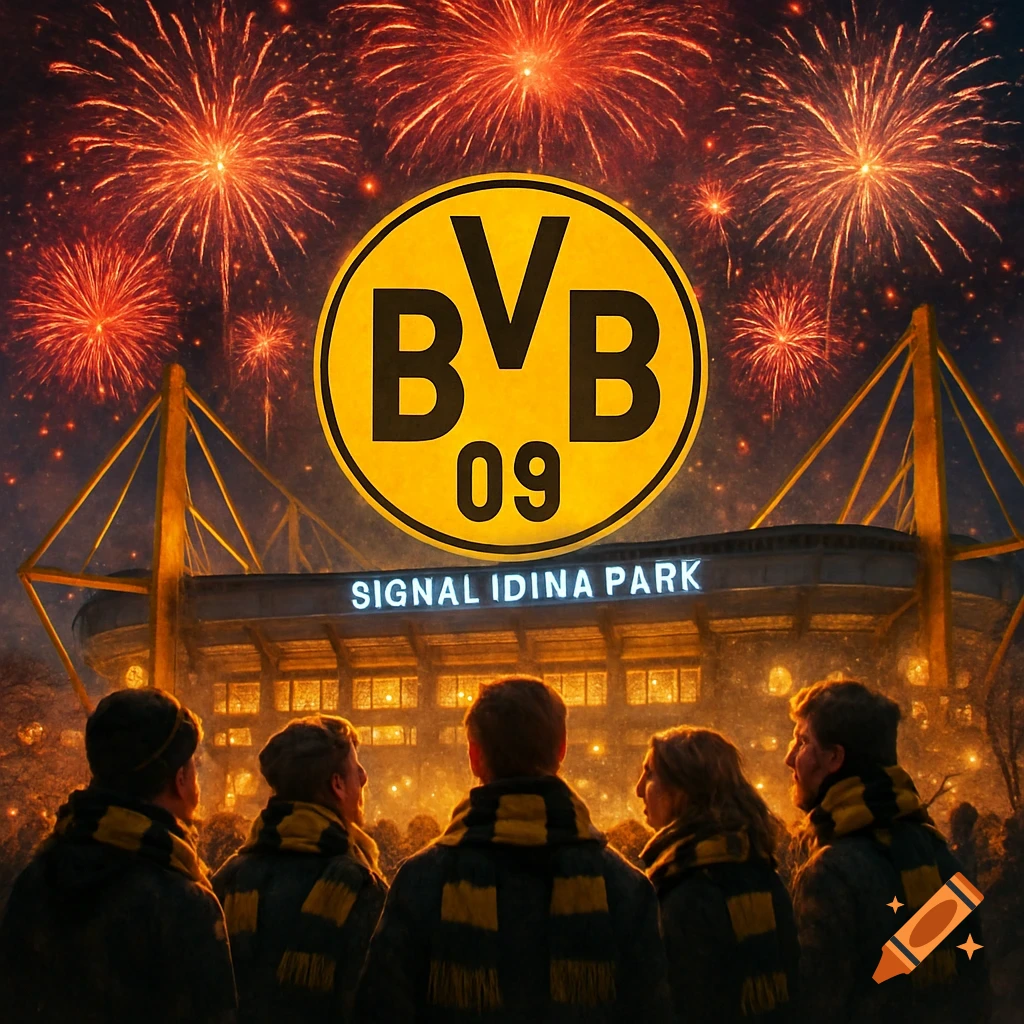 Fans in scarves watch fireworks erupt over a stadium with a large BVB 09 logo prominently displayed in the night sky.