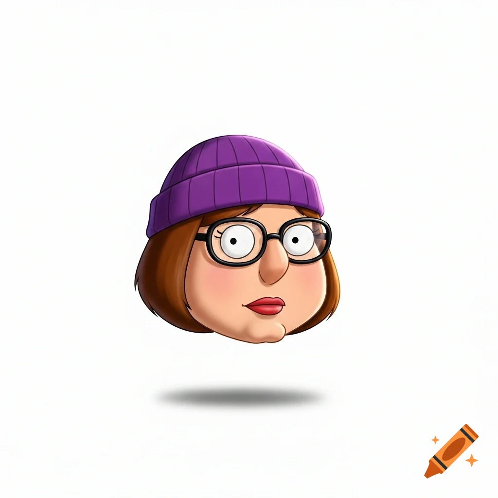 Cartoon head of Meg Griffin from Family Guy wearing a purple beanie, floating against a white background.
