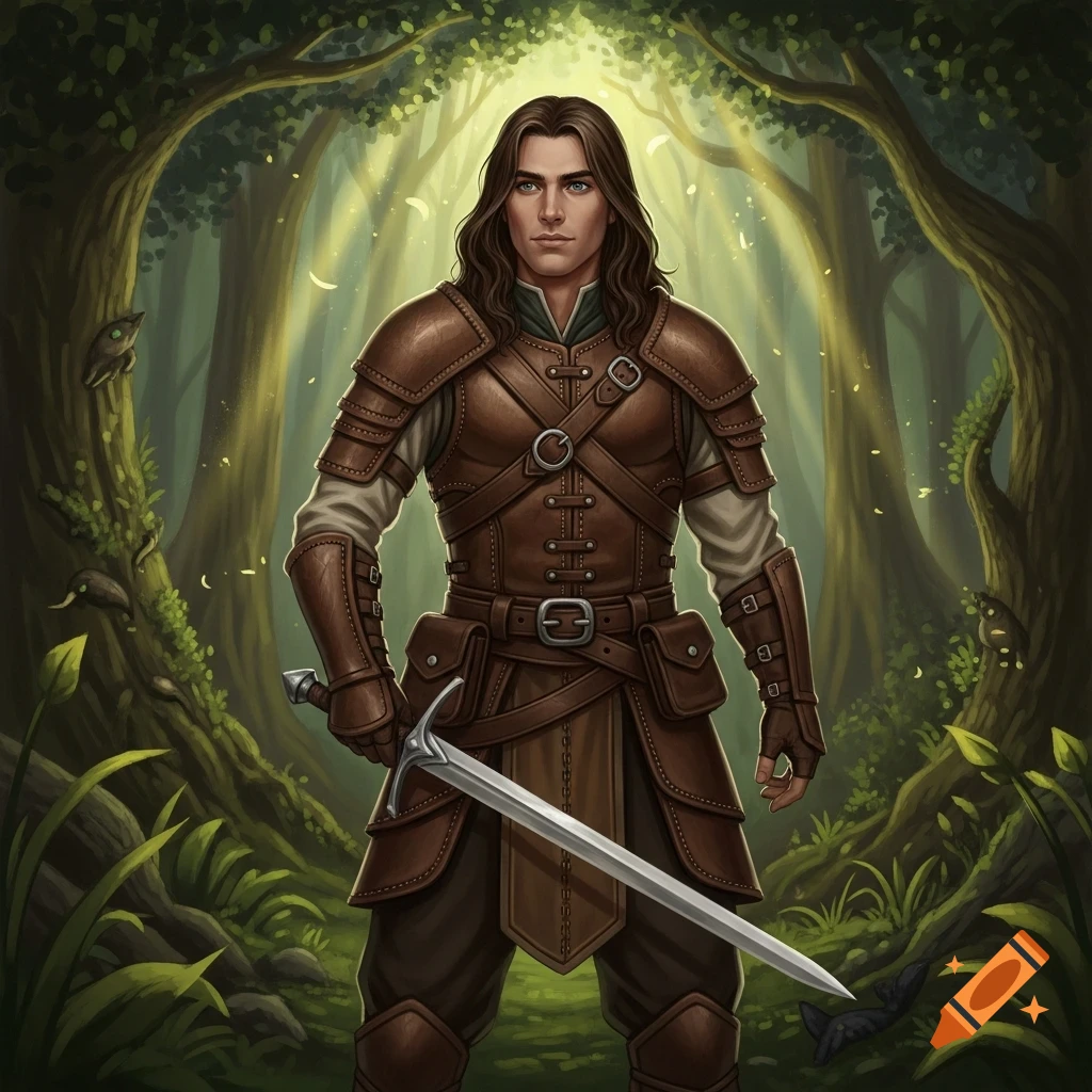 A human male ranger with long brown hair and blue eyes, wearing leather armor and holding a sword, stands in a sunlit forest.