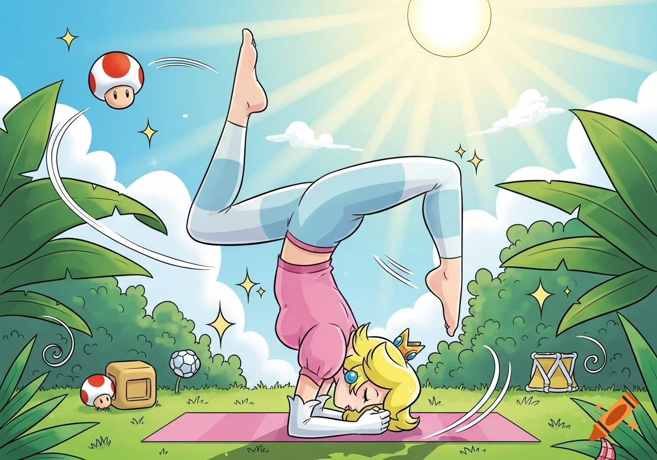 Cartoon Princess Peach doing a tripod headstand on a yoga mat outdoors with Super Mario elements.
