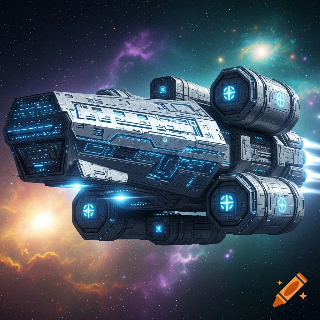A detailed, futuristic sci-fi cargo spacecraft with glowing blue lights flies through a vibrant galaxy with colorful nebulae.