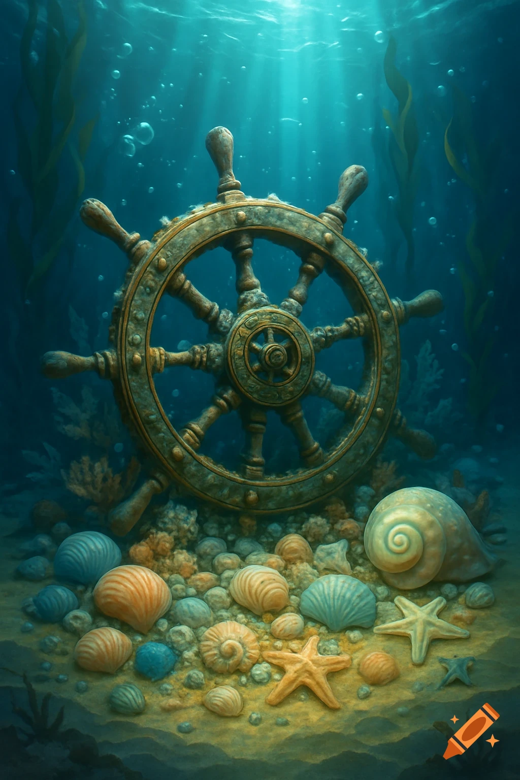 An ancient ship's wheel rests on a sandy seabed surrounded by colorful shells, starfish, and coral, bathed in light from the deep blue water.