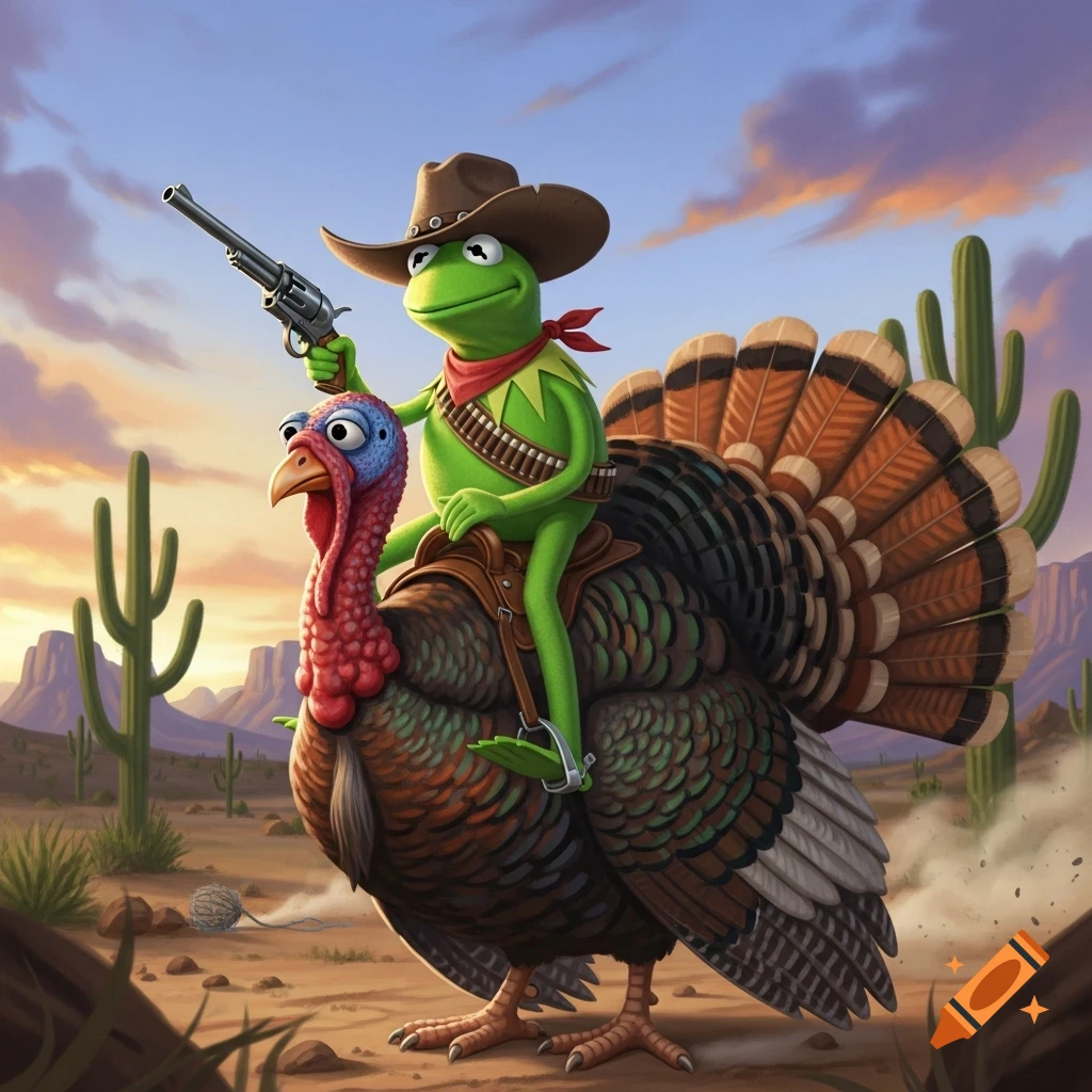 Kermit the Frog dressed as a cowboy rides a turkey through a desert landscape with cacti and mountains.
