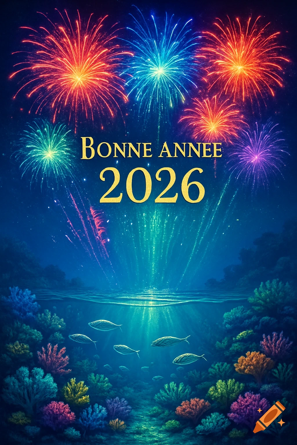 Colorful fireworks ignite the night sky above a sparkling ocean, with 'BONNE ANNEE 2026' text and an underwater scene of coral and fish.