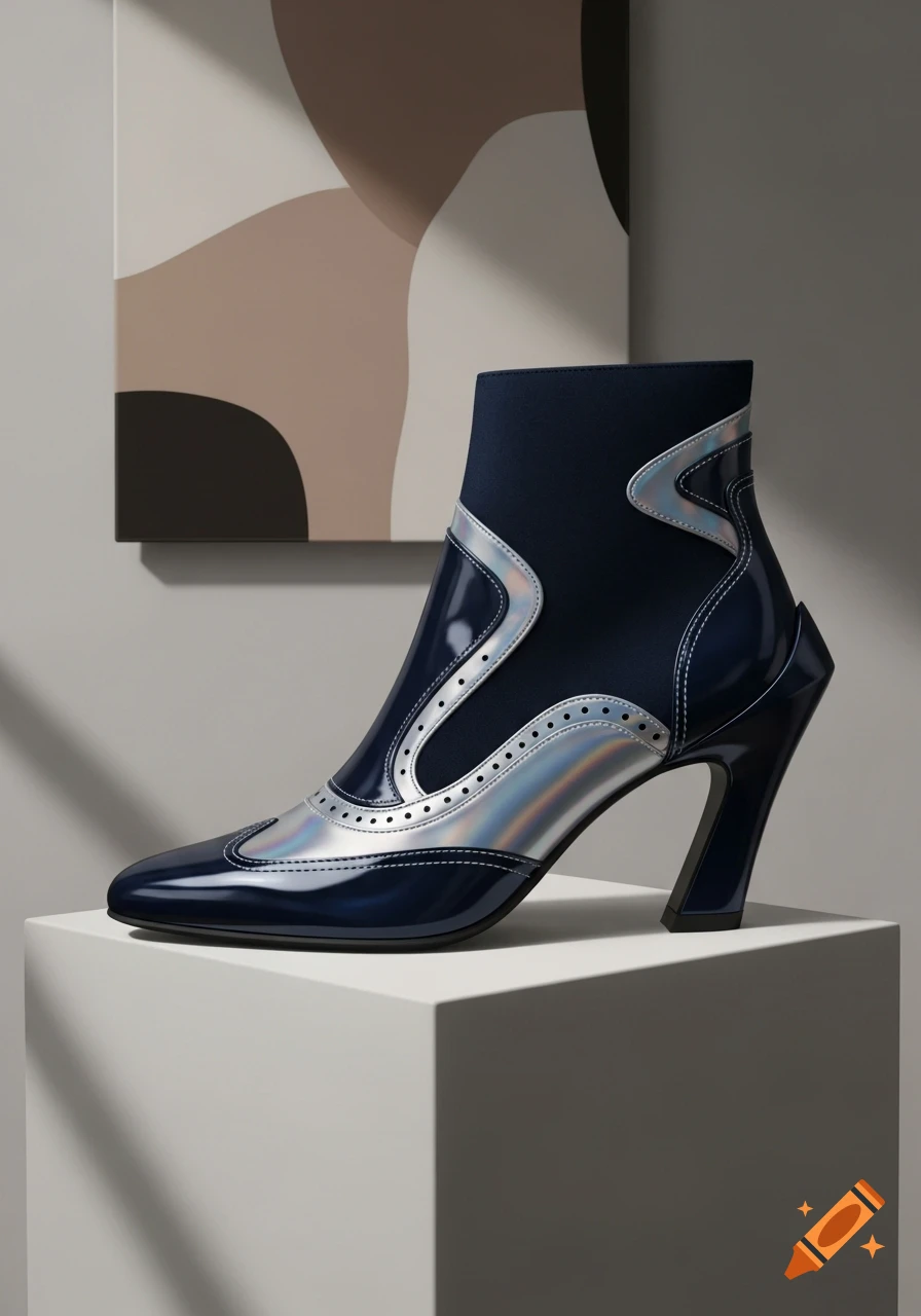 A single, stylish dark blue and silver boot with a pointed toe and angular heel on a white cube.