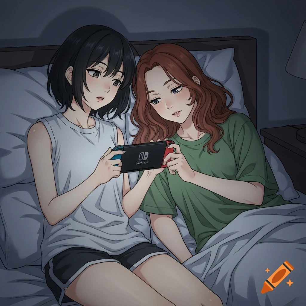 Two anime-styled girls in a dimly lit bedroom, one with short black hair playing a Nintendo Switch while her red-haired friend watches.