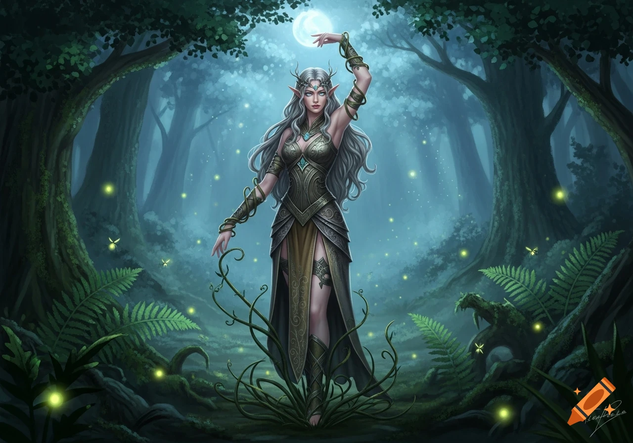 An elegant white-haired elf with antlers stands in a mystical forest, holding a glowing moon, surrounded by fireflies in a fantasy painting.