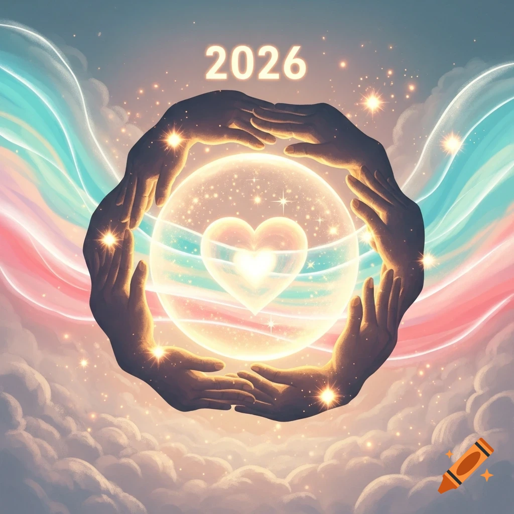 Hands form a circle around a glowing orb with a heart, under the year 2026, against a cloudy, starlit sky with flowing colorful ribbons.
