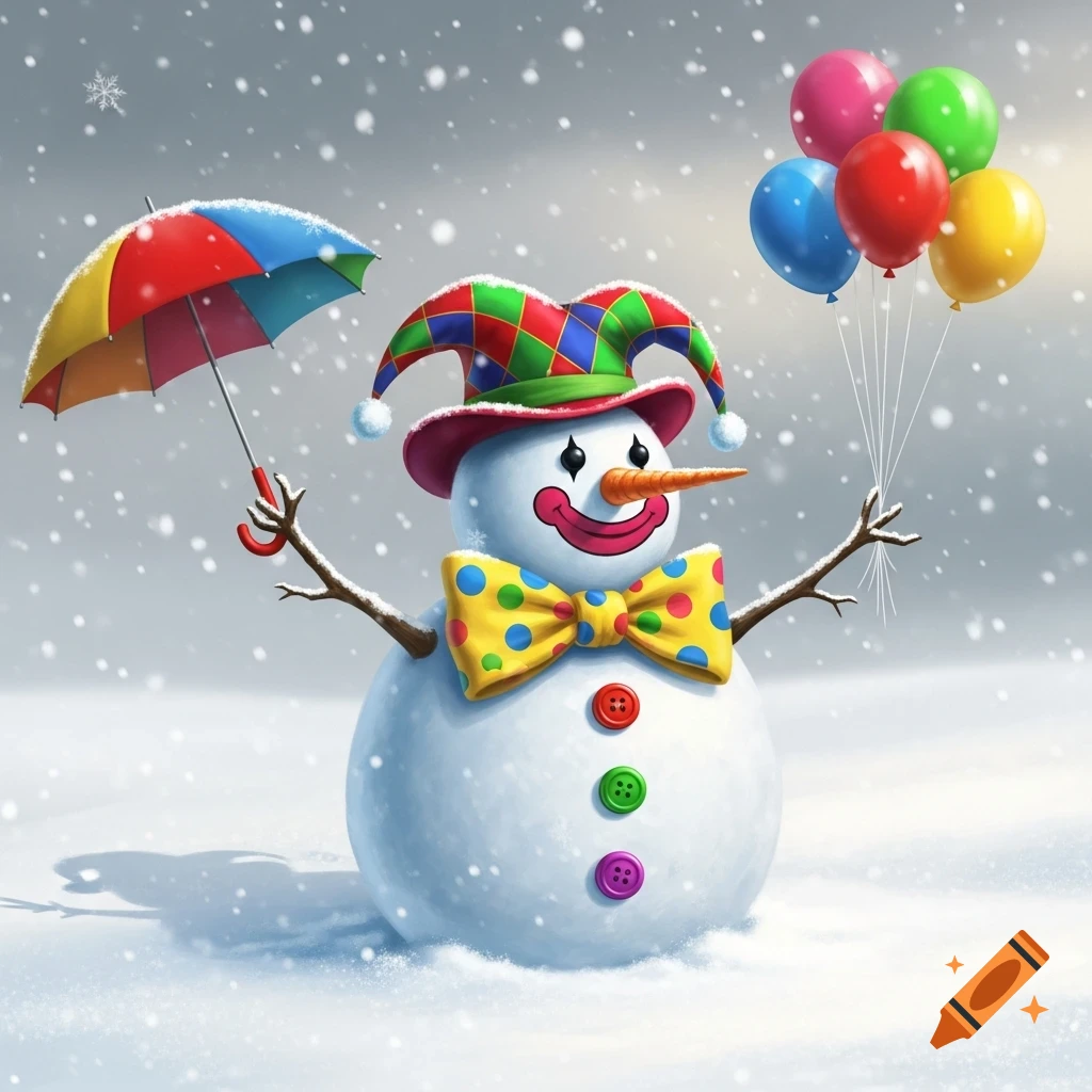 A cheerful snowman dressed as a clown, holding a colorful umbrella and balloons in a snowy winter landscape.