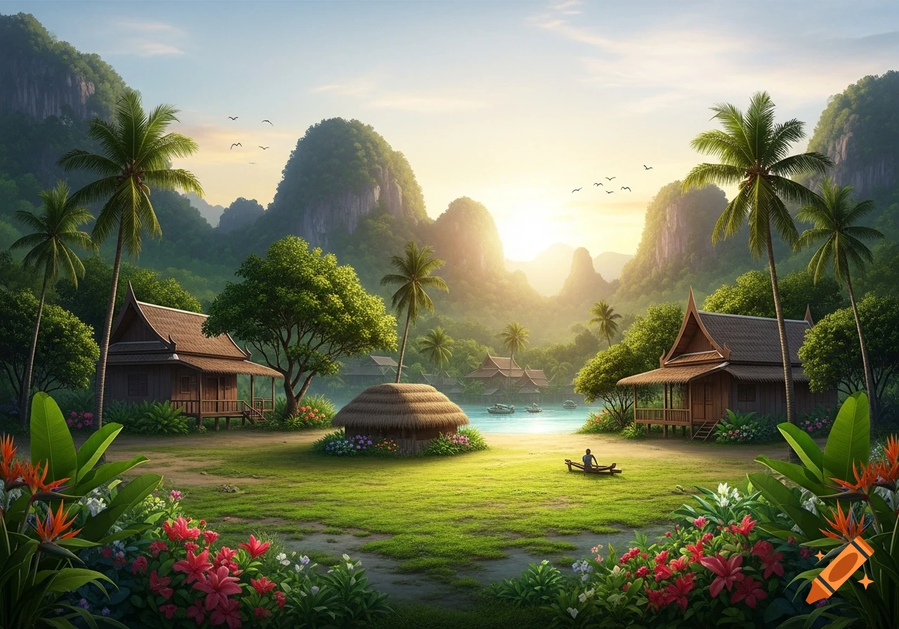 A vibrant tropical landscape at sunset with traditional wooden houses, lush green mountains, palm trees, and a person in a small boat on calm water.
