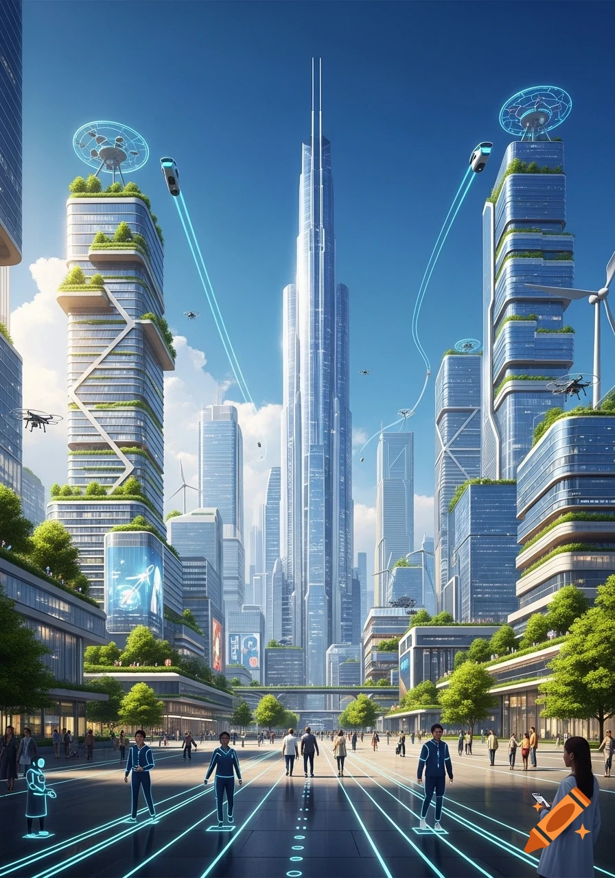 A vibrant, futuristic city with towering skyscrapers, lush green terraces, flying vehicles, and people walking on illuminated pathways.
