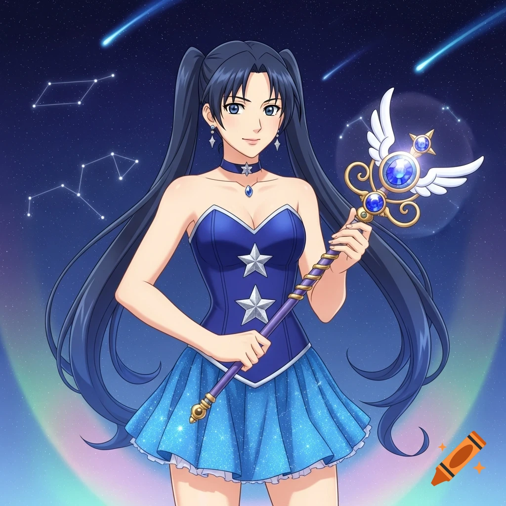 An anime magical girl with dark blue pigtails, wearing a blue star-themed outfit, holding a magic wand against a starry night sky.