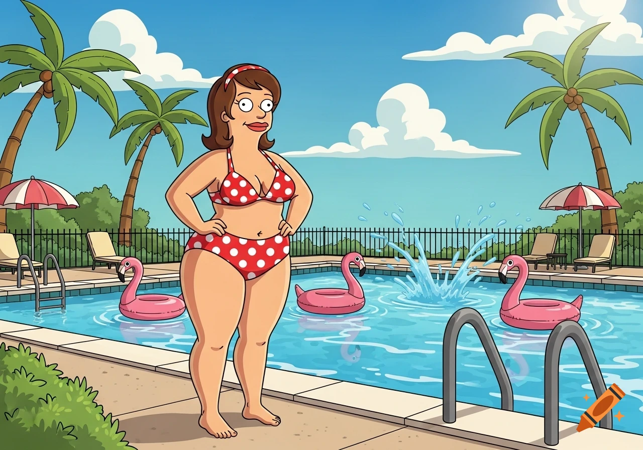 A curvy woman in a red polka-dot bikini stands by a swimming pool with palm trees and flamingo inflatables, in a cartoon style.
