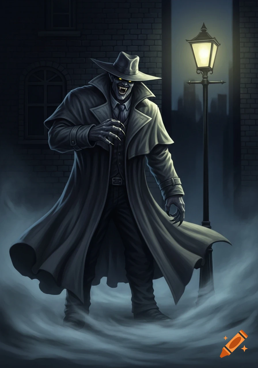 A menacing vampire in a trenchcoat and wide-brimmed hat with glowing eyes and fangs stands in a foggy dark alley, lit by a street lamp.