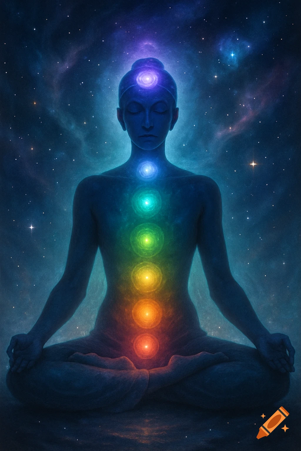 A person in a yoga pose with glowing chakras against a cosmic background, depicted in a spiritual art style.