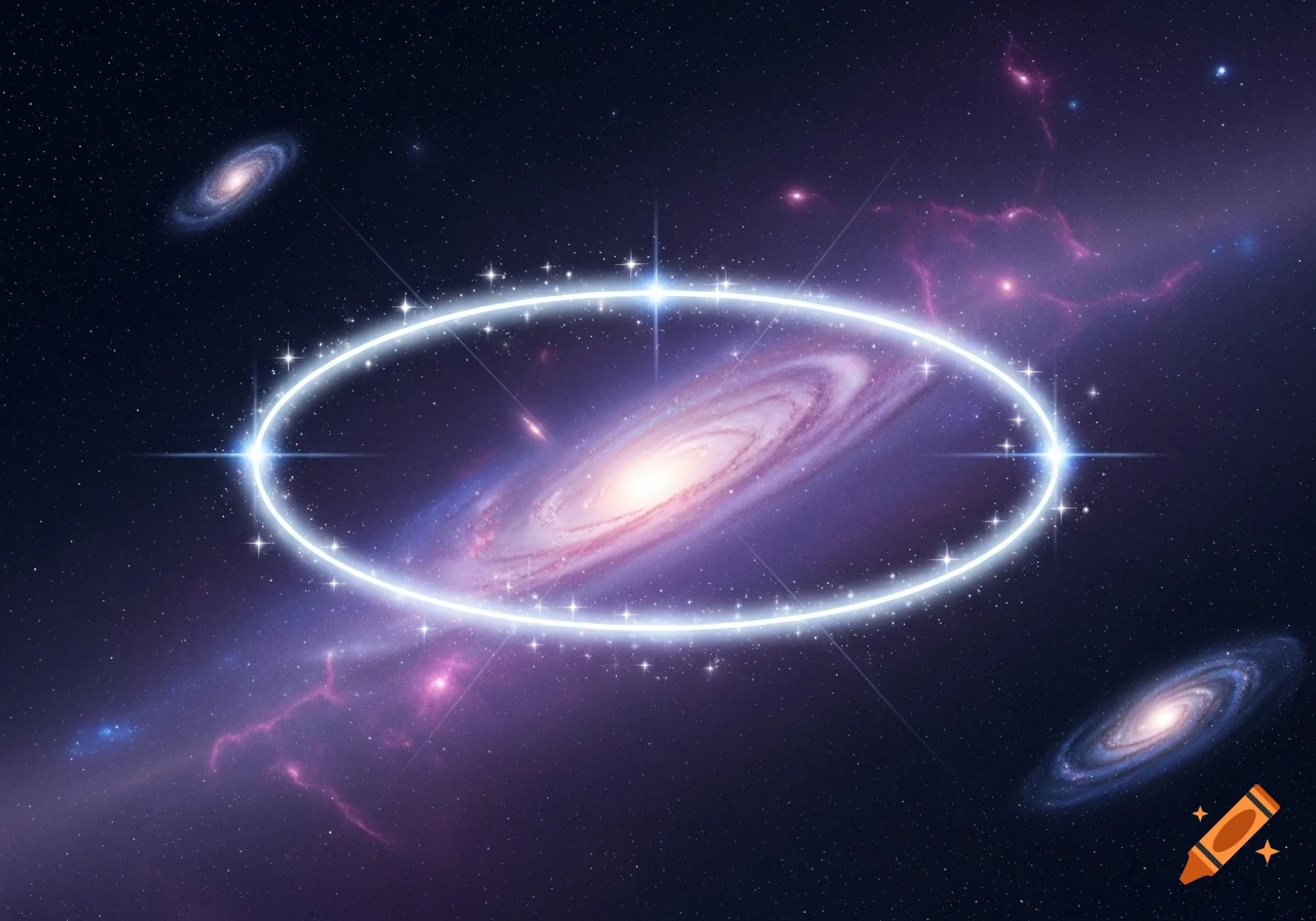 A vibrant spiral galaxy at the center of a glowing elliptical halo, surrounded by other galaxies and stars in deep space.