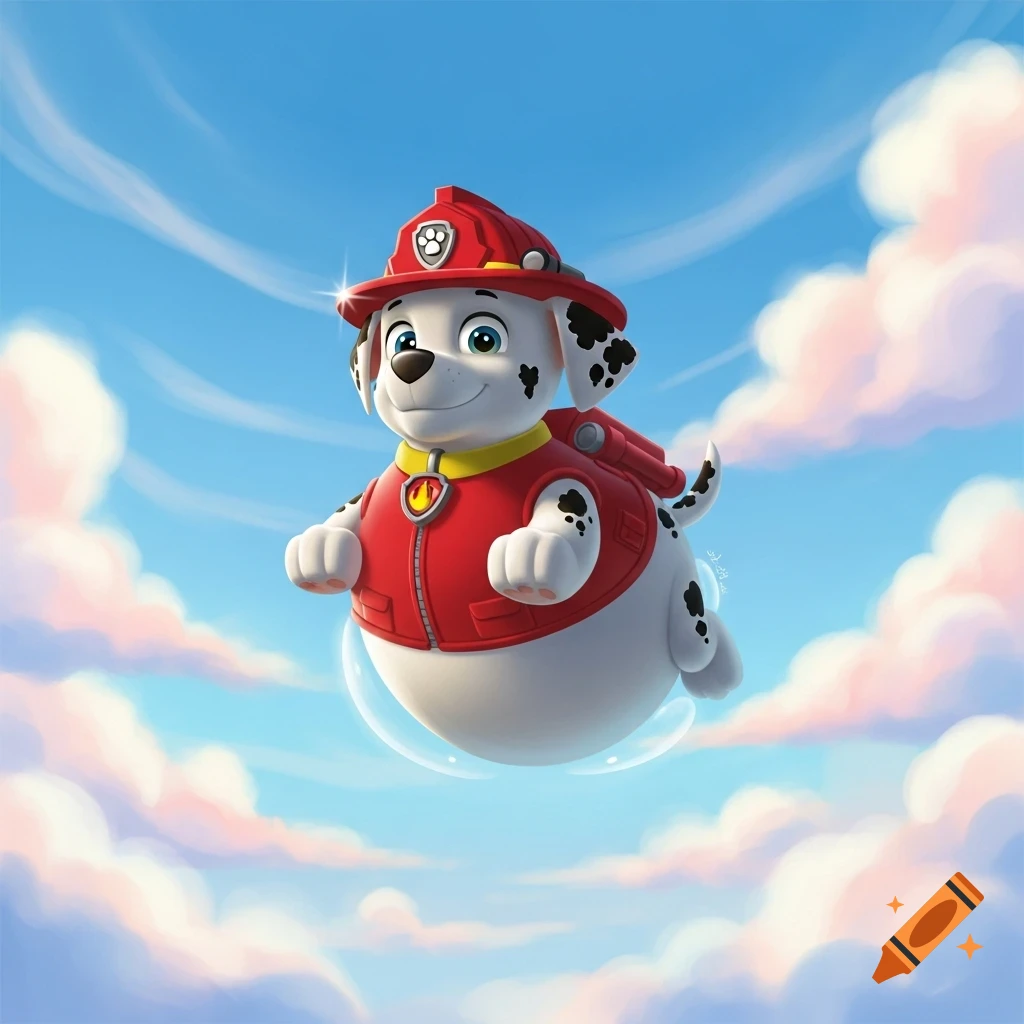 Cartoon Marshall from PAW Patrol with an inflated body floats in a bright blue sky with pink clouds.