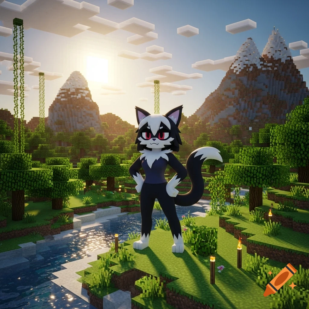 An anthropomorphic wolf-like character, Loona from Helluva Boss, stands confidently in a blocky Minecraft landscape with mountains and a river.
