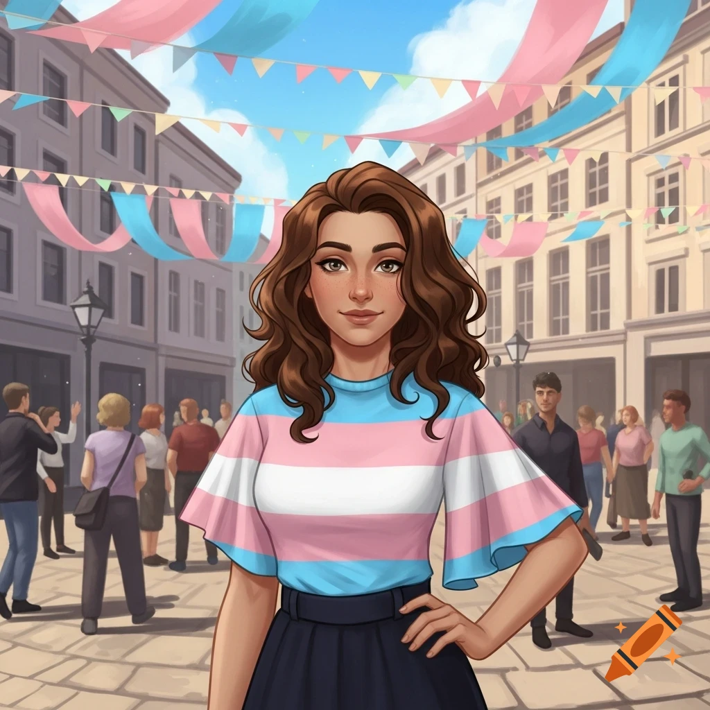 An illustrated young woman with wavy brown hair wearing a transgender flag striped shirt stands in a festive street with matching banners and people.