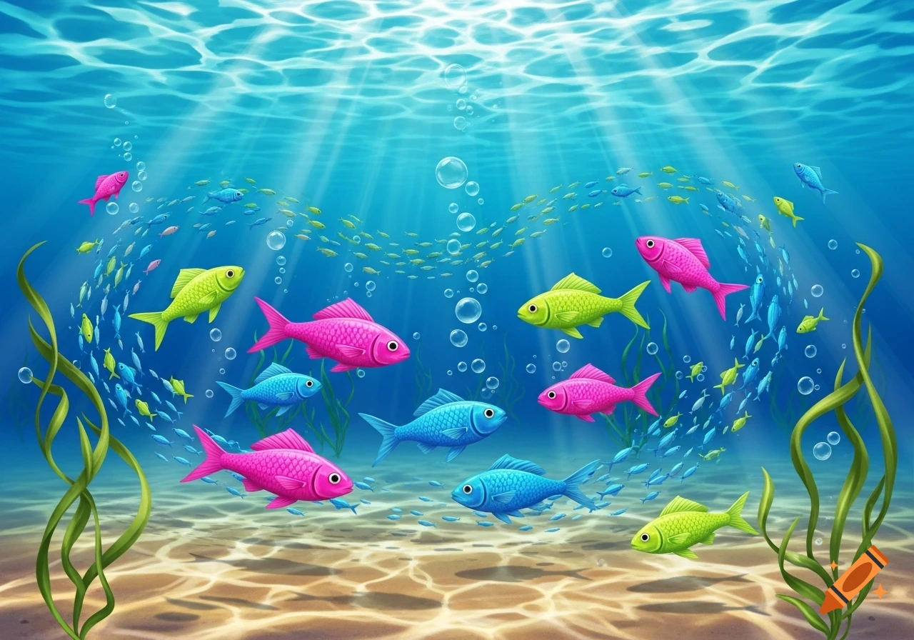Vibrant illustration of schools of colorful pink, blue, and green fish swimming underwater with light rays, bubbles, and seaweed.