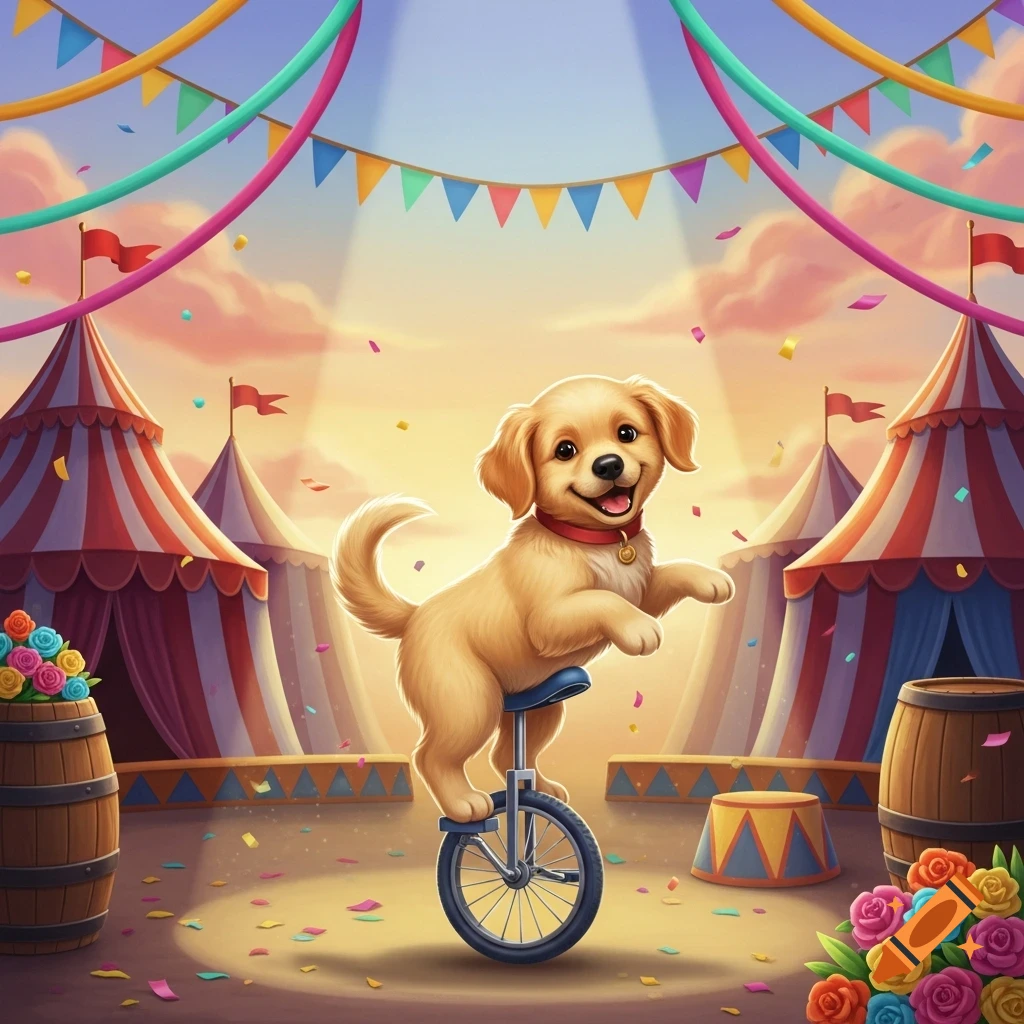 A happy golden puppy balances on a unicycle in a vibrant, cartoonish circus scene with tents and confetti.