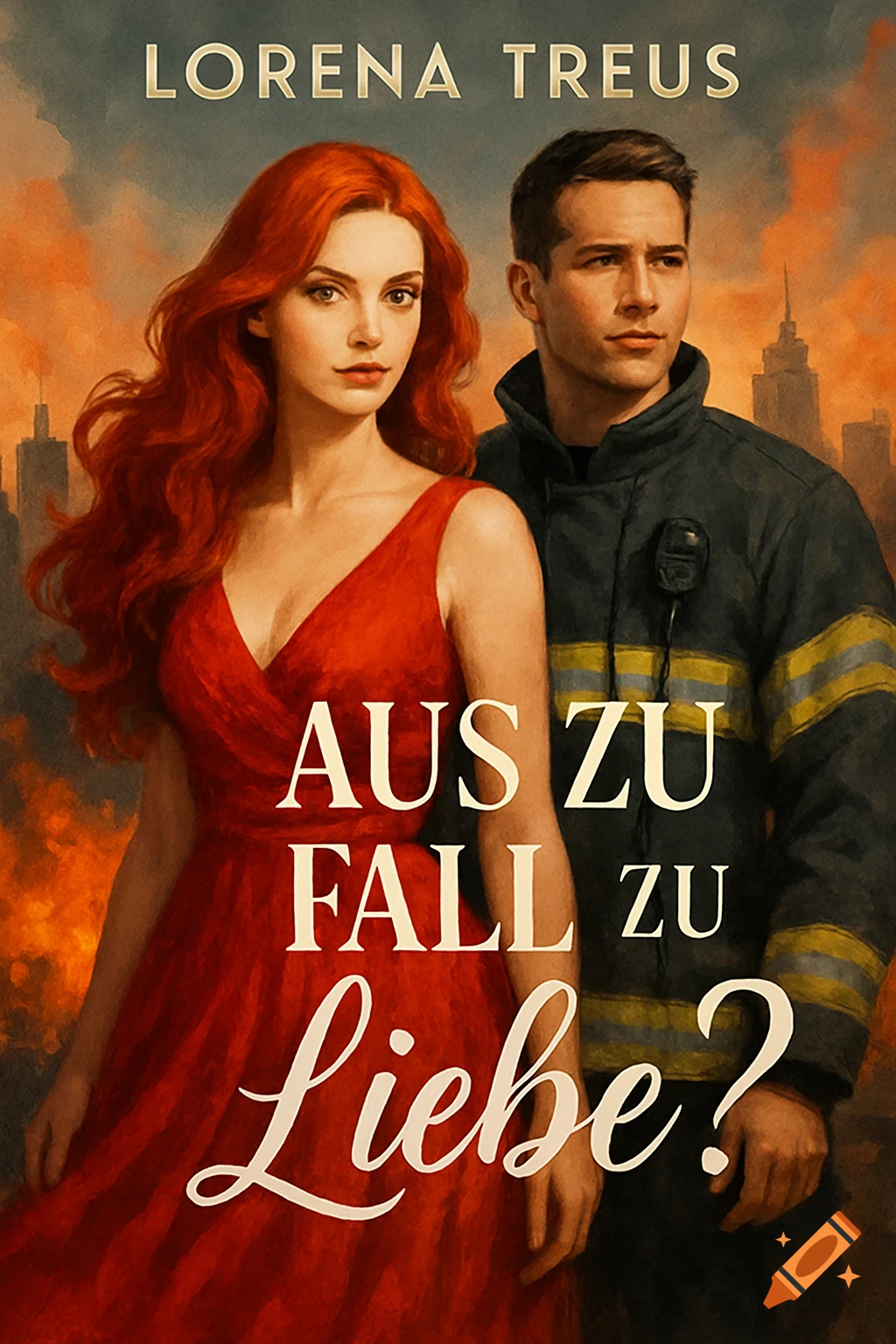 Digital art book cover with a red-haired woman and a man in a firefighter's uniform, set against a burning city. Text: 'Aus Zu Fall Zu Liebe?'