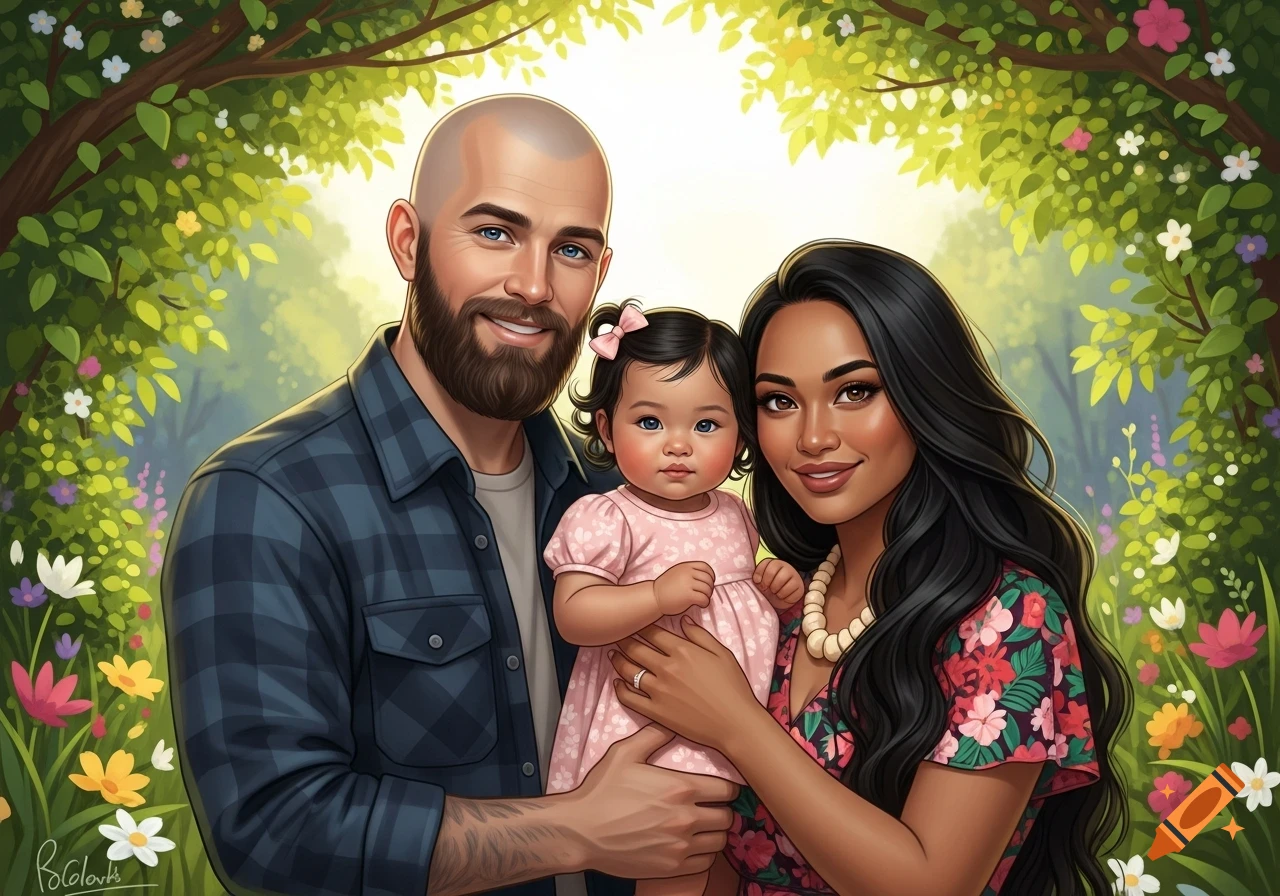 A smiling family, father, mother, and baby, in a lush green garden with colorful flowers, in an illustrative style.