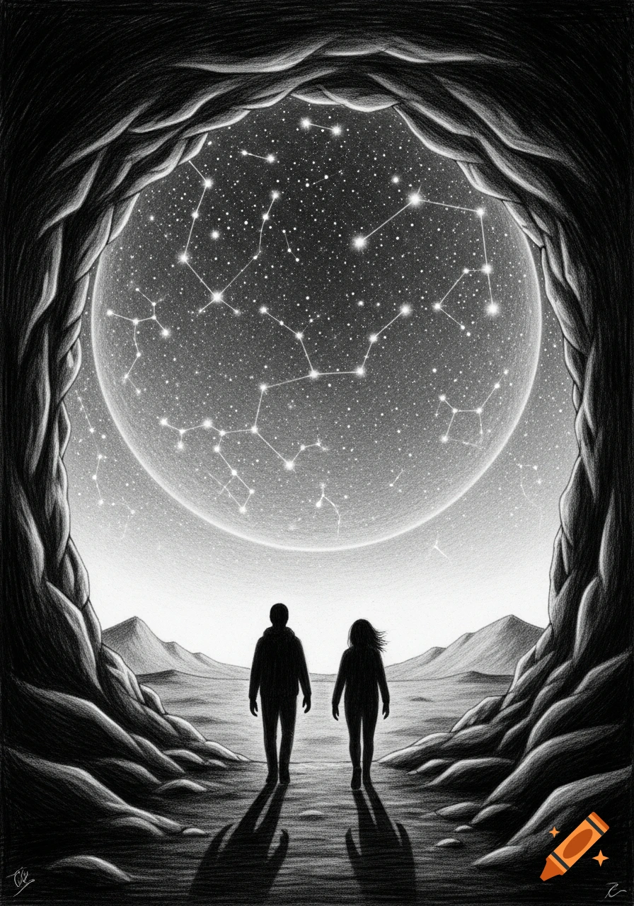 Two silhouettes exit a dark cave into a vast starry night with constellations, rendered in a black and white pencil drawing style.