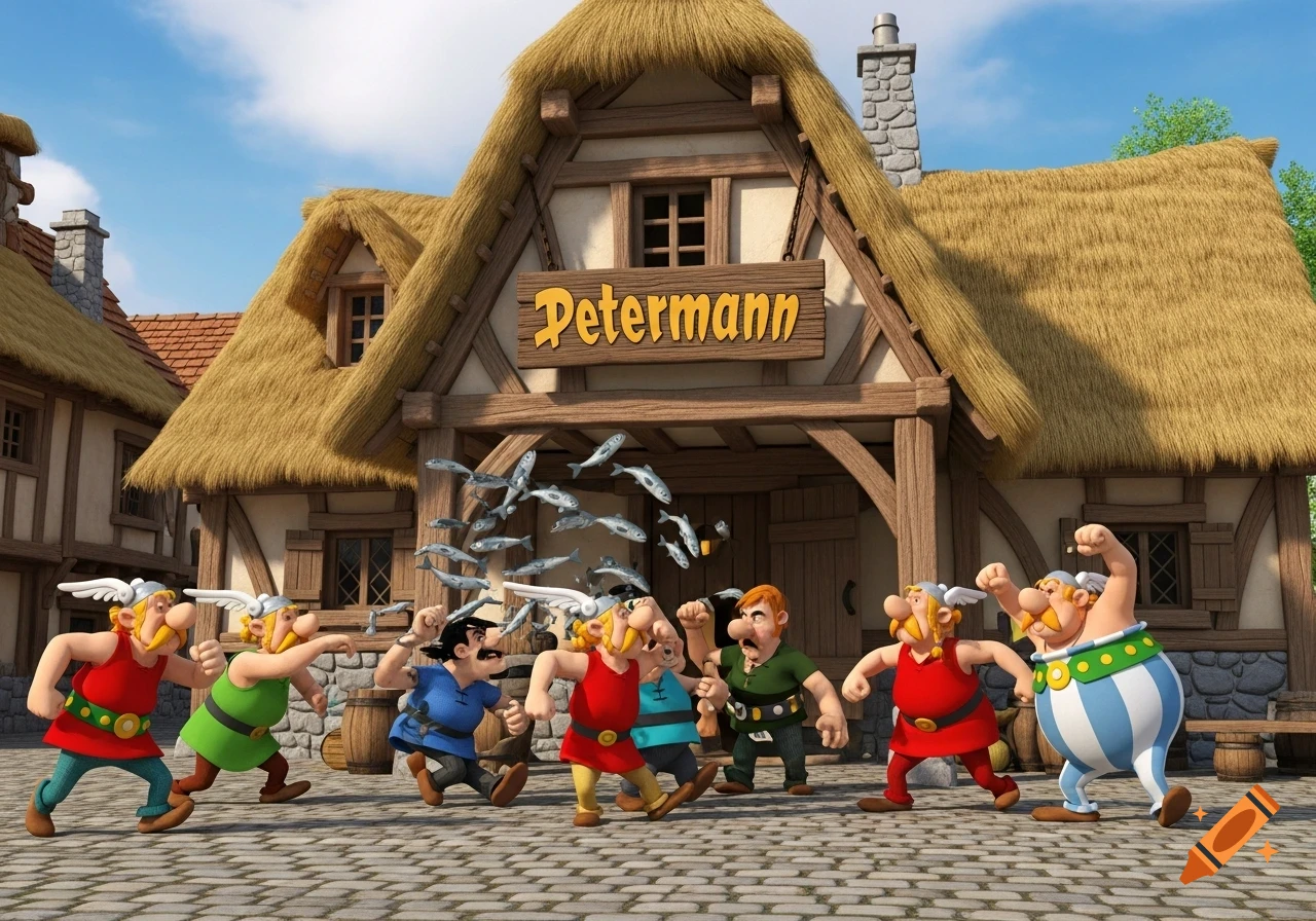 Cartoon characters resembling Asterix brawling and throwing fish in front of a thatched-roof building with a "Petermann" sign.