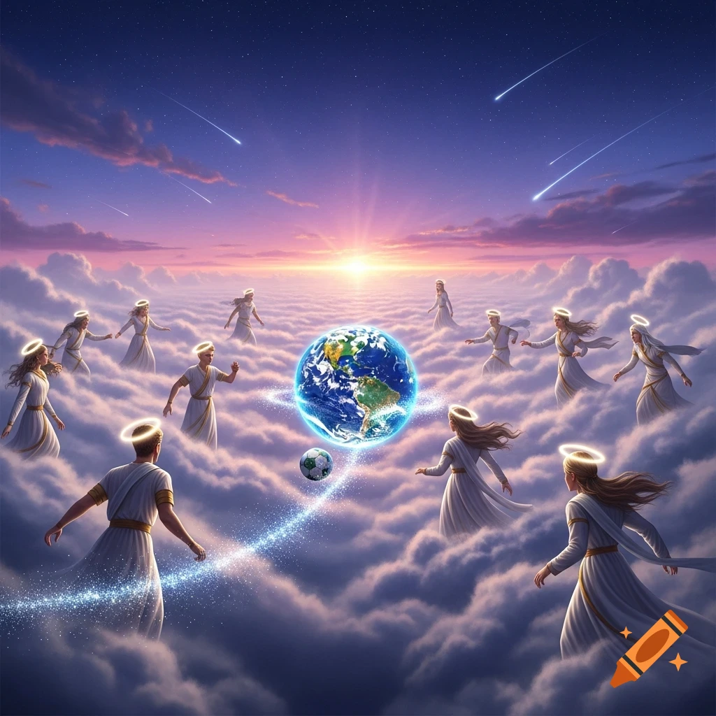 Angels play soccer with Earth and a soccer ball amidst clouds at sunset with shooting stars.