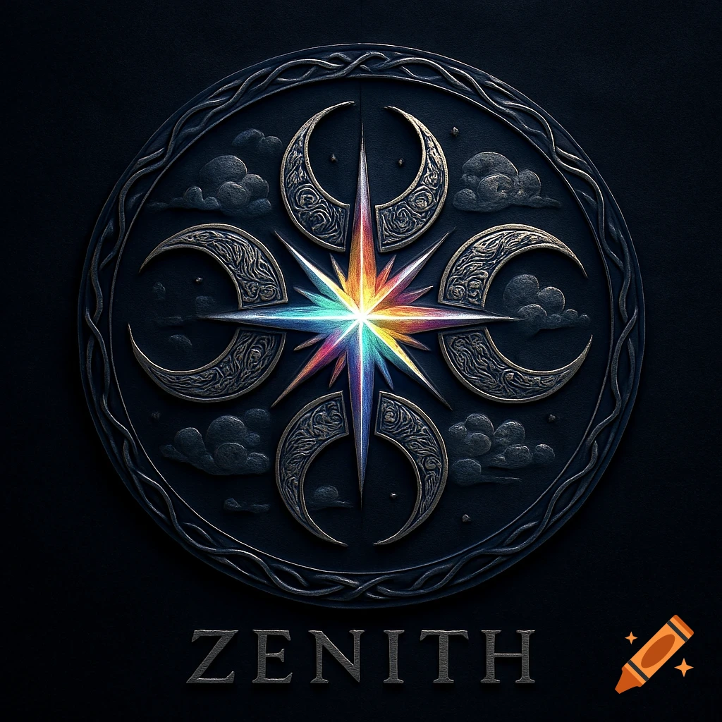 A stylized dark metal emblem featuring a colorful star at its center, surrounded by four crescent moons and intricate patterns, with the word "ZENITH" embossed below.