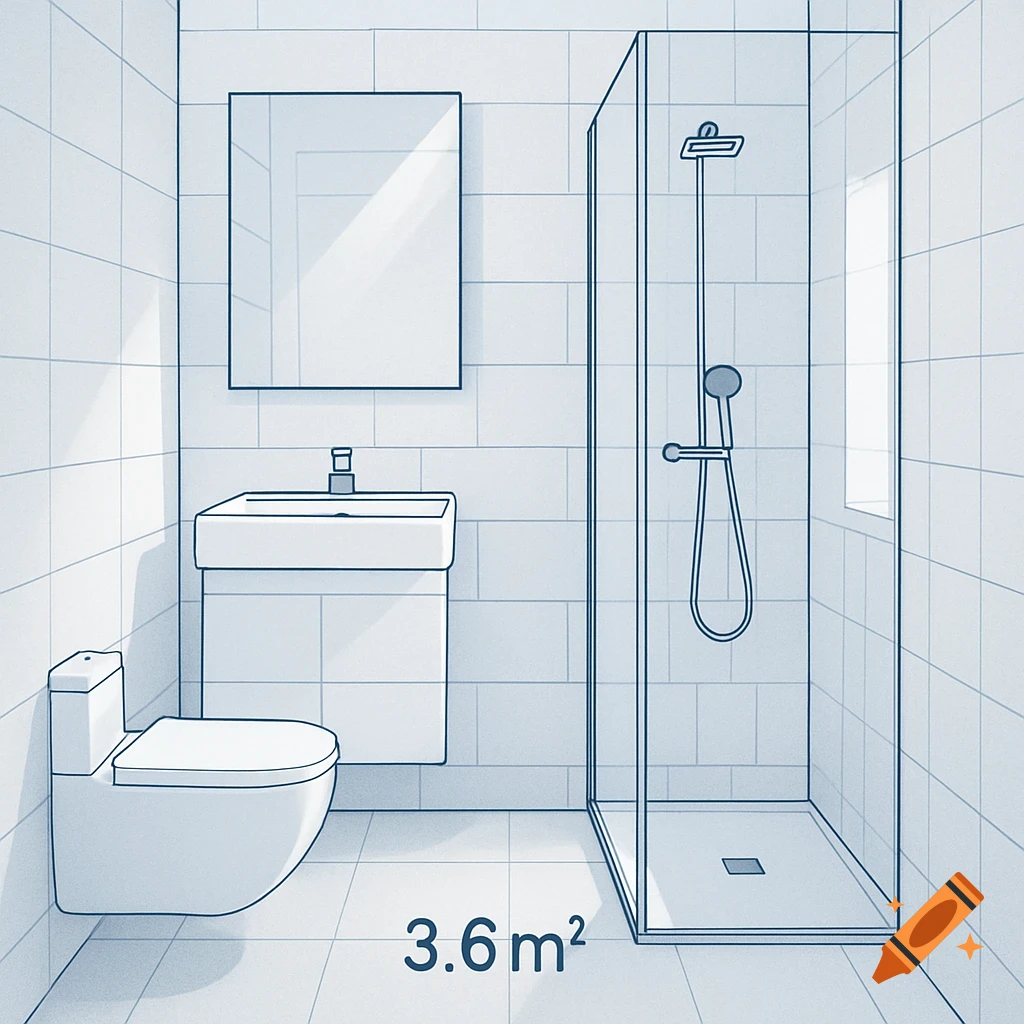 A blue line art sketch shows a modern bathroom with a toilet, a floating vanity and sink, and a glass-enclosed walk-in shower. The floor is tiled, and "3.6 m²" is written on it.