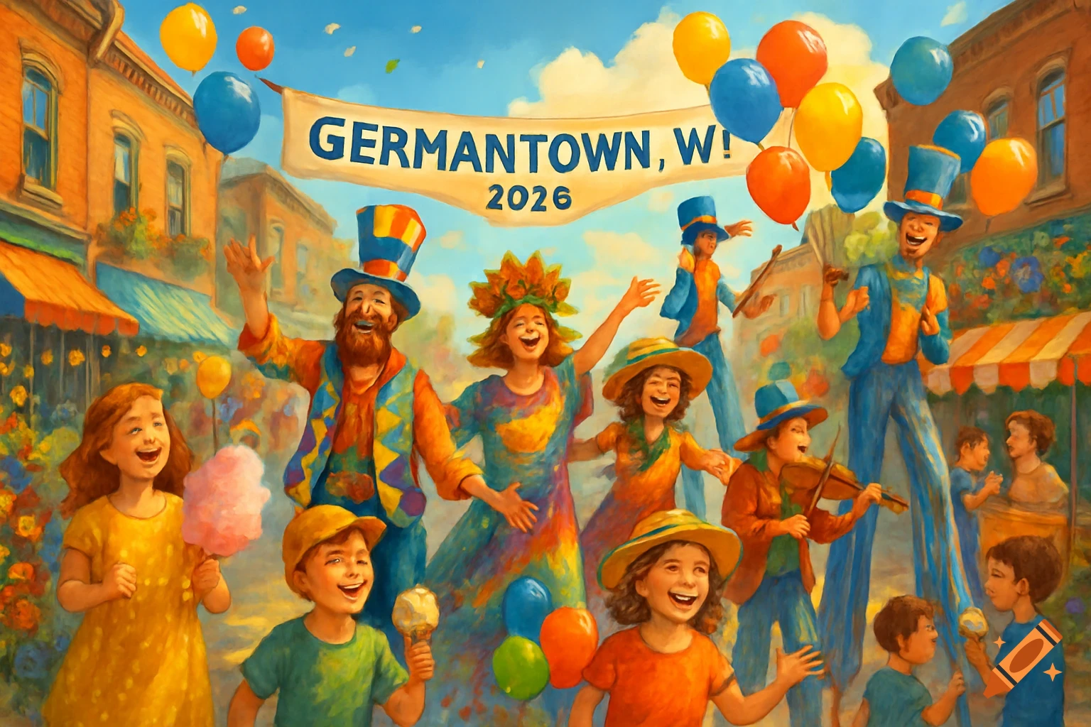 A vibrant, painterly scene of a lively town festival with people in colorful costumes, children with cotton candy and ice cream, and a banner that reads "GERMANTOWN, W! 2026" with balloons.