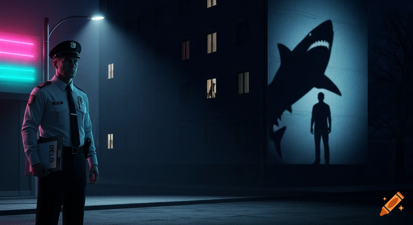 A police officer stands on a dark city street at night, a large shark shadow looming over a human silhouette on a building.