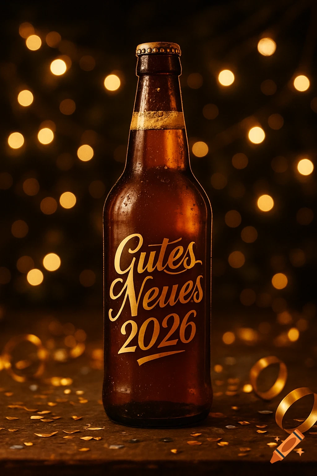 A photorealistic close-up of a condensation-covered beer bottle with 'Gutes Neues 2026' in gold script, surrounded by golden confetti and bokeh lights.