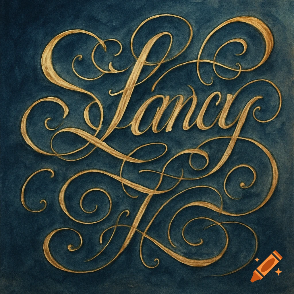 Ornate gold calligraphic script spelling 'Fancy' on a dark blue textured background.